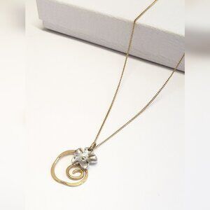 Handmade Gold Spiral & Silver Flower Pendant Necklace Minimalist Jewelry